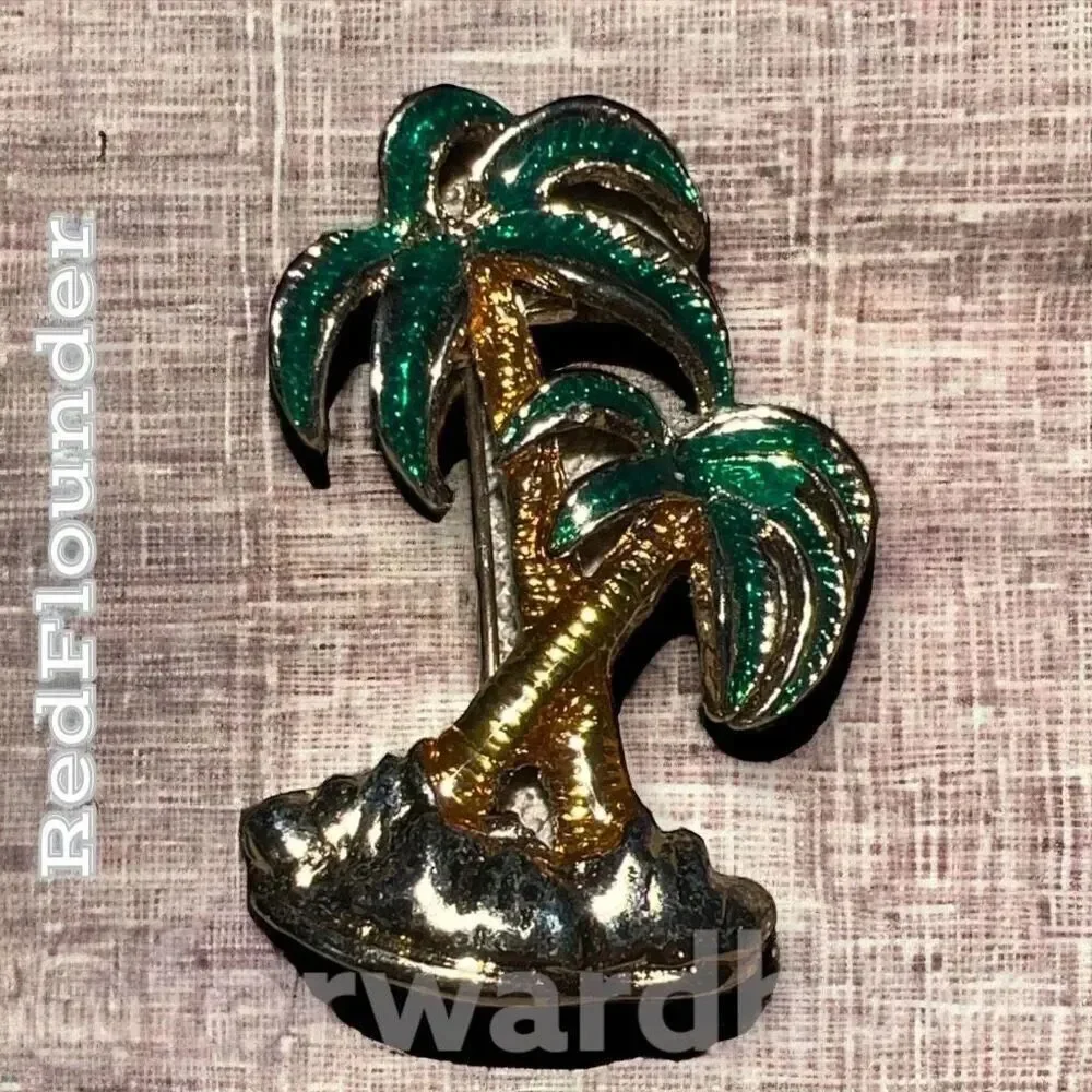 Vintage Gold Tone & Enamel Palm Tree Brooch